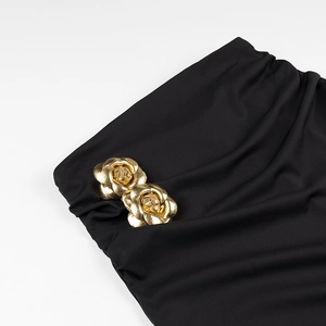 Women black two-piece set featuring stylish 3D golden rose metal decorative buttons