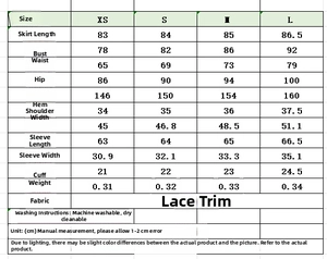 Detailed size guide and fabric care table for the lace layered crew neck mini dress