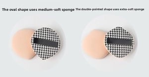 Detail of houndstooth makeup sponges in teardrop and pointed shapes with soft foam texture