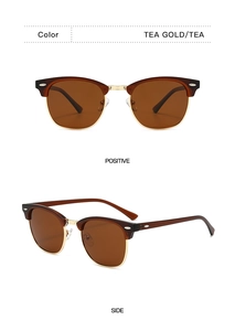 Detail view of tea gold semi-rimless polarized sunglasses from front and side angles