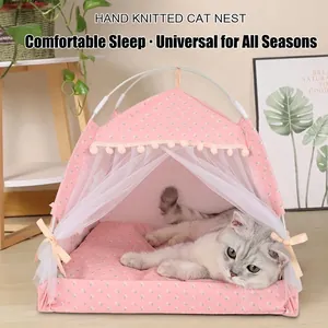 Portable Pet Tent Nest Semi Enclosed Breathable Cat House Dog Bed Floral Pattern Polyester With Fiber Rod Soft Mat Cozy
