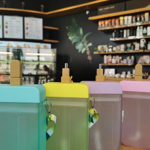Popsicle-shaped plastic water bottles in four colors with straws and adjustable straps