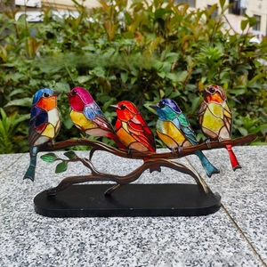 Vibrant five birds on a branch metal ornament with stained glass texture finish