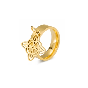 Polished gold stainless steel band ring featuring a dangling Celtic witch knot pendant