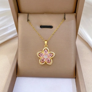 Pink five-petal flower crystal pendant necklace with gold chain for women jewelry