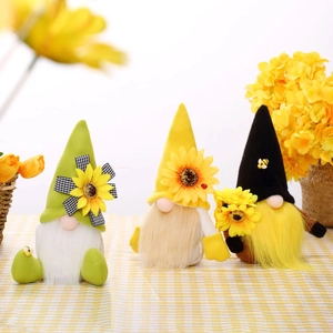 Three-piece harvest sunflower gnome set with bees and plaid bows for home decoration