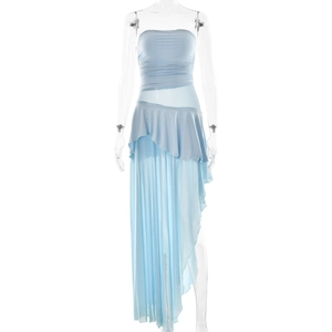 Elegant strapless light blue maxi dress with ruched bodice and asymmetric ruffled hemline