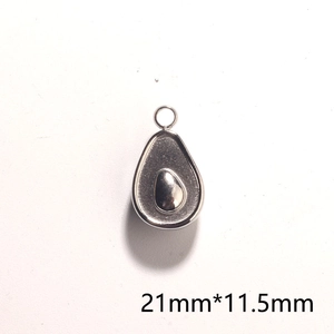 Macro view of silver avocado pendant showing 21mm by 11.5mm size on white background