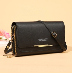 Close-up of black litchi pattern leather crossbody phone wallet with gold zippers