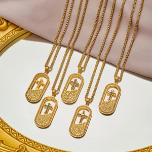 18K gold plated stainless steel square cross pendant necklace with sparkling diamonds