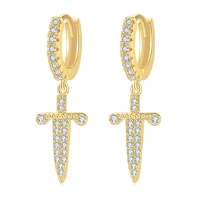 Iced out gold dagger drop earrings with sparkling white cubic zirconia micro pave setting