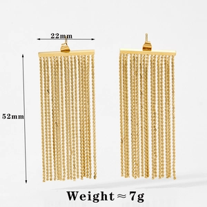 Detailed size and weight view of S-shaped gold tassel earrings with measurements