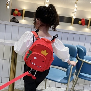 Toddler anti-lost backpack with red cartoon dinosaur design and safety leash for kids