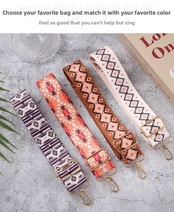 Detail of bohemian patterned bag straps with gold metal buckles in four distinct colors