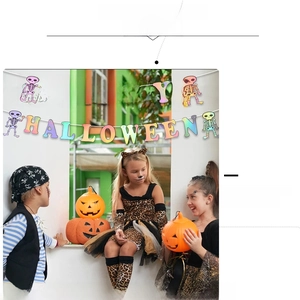 Rainbow gradient Happy Halloween banner with skeleton charms for festive party decoration
