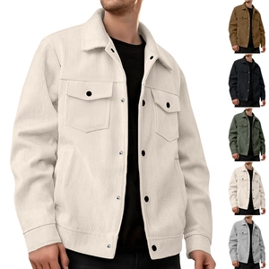 Men Corduroy Jacket Long Sleeve Single Breasted Lapel Outerwear Casual Retro Style With Pockets Solid Color