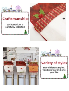 Detailed close-up of festive Christmas chair covers featuring Santa, snowman and reindeer