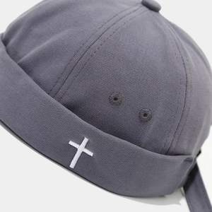 Dark gray miki hat with white cross embroidery made of premium thick canvas fabric