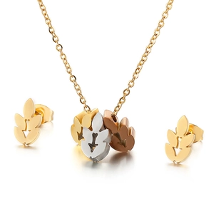 Elegant hollow leaf jewelry set with gold, silver and rose gold layered pendant necklace