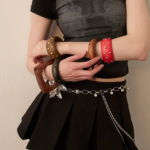 Vintage style wide wooden bangles with studs and red lacquer cuff for trendy women