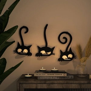 Set di 3 portacandele da parete a forma di gatto nero con luce calda e accogliente