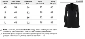 Size chart for slim fit V-neck long sleeve mini dress including XS to L measurements