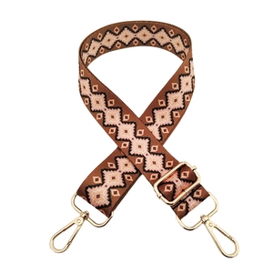 Adjustable bohemian shoulder strap with geometric diamond embroidery and gold metal clips