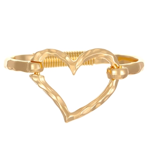 Hammered gold alloy open bangle featuring a large hollow heart design for women