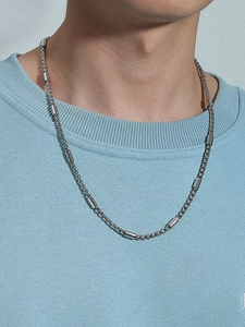Mens 316L stainless steel box chain necklace with cylindrical threaded beads on model