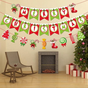 Merry Christmas banner set with festive hanging decorations in a warm living room setup