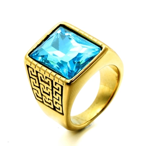 Men's gold-plated ring with large square blue gemstone and Greek key pattern