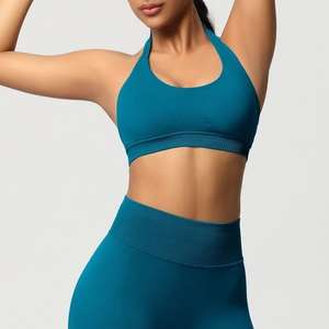 Ensemble soutien-gorge de sport dos nu et legging taille haute bleu paon avec détails