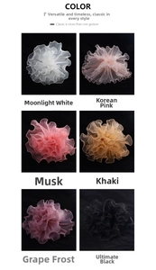 Six colors of pleated organza flower hair scrunchies displayed in a grid on black background