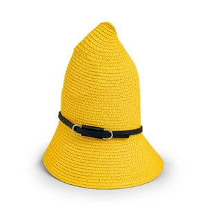 Macro detail of yellow woven straw hat showing dense texture and black leather belt accent