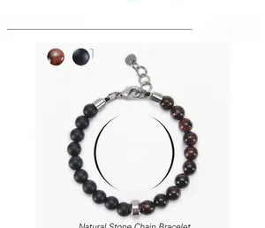 Detail showing 8mm red tiger eye and matte black agate beads with product dimensions