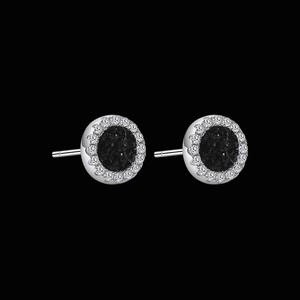Close-up of silver stud earrings featuring a black round stone with a white zircon halo