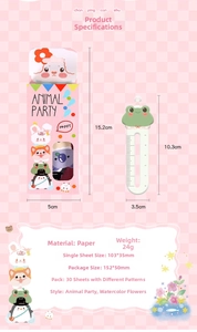 Detail showing dimensions of 30-piece animal theme paper bookmarks in gift box