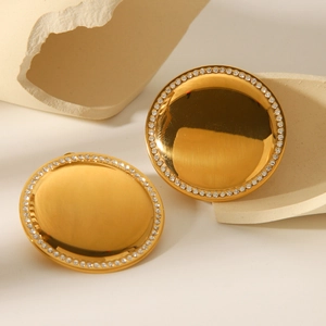 18K gold plated stainless steel round earrings with pavé rhinestones on white stone base