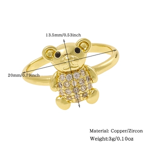 Detail view of 18K gold plated bear ring with zircon inlay and exact product dimensions