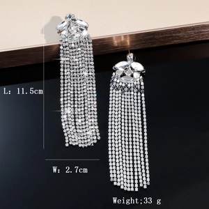 Detailed size view of silver tassel crystal earrings showing 11.5cm length and 2.7cm width
