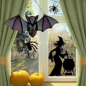 Halloween bat suncatcher hanging decoration with purple wings and floral pattern for windows