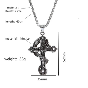 Detailed specs of dragon cross necklace showing 60cm chain length and 52mm pendant size