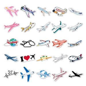 Close-up of cute cartoon airplane stickers set with clouds and globe patterns for travel