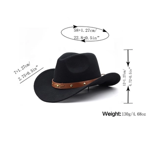 Classic black felt cowboy hat with brown leather belt and gold studs on a white background