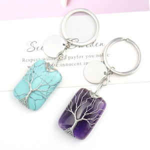 Handmade tree of life wire wrapped natural stone keychains in turquoise and amethyst