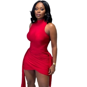 Red high-neck sleeveless bodycon mini dress with side ruching and draped detail
