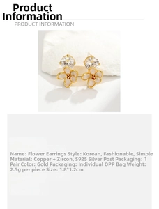 Macro view of gold-plated flower stud earrings with zircon and S925 silver needle