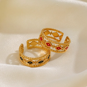 Boho vintage gold adjustable evil eye rings with red and black enamel diamond patterns
