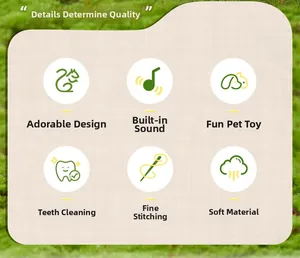 Detail showing plush dog toy features: squeaker, dental cleaning knots, and soft fabric