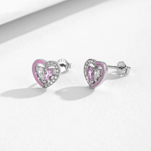 Élégantes boucles d'oreilles cœur en argent s925 avec émail rose et pierres zircon